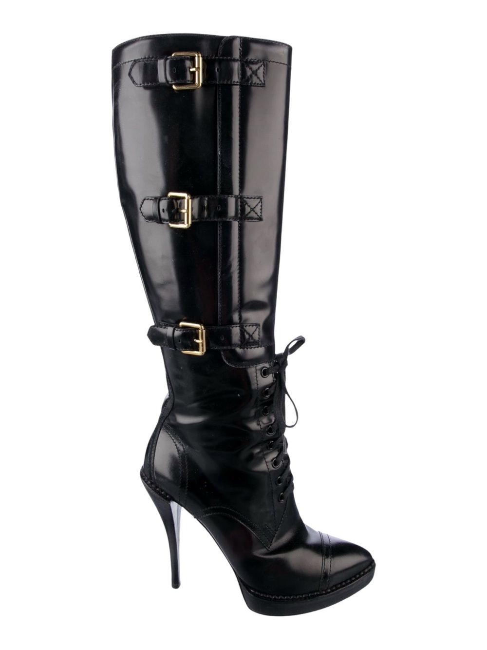 GUCCI Black Leather Riddle Knee High Lace-Up Platform Buckle Bondage Boot